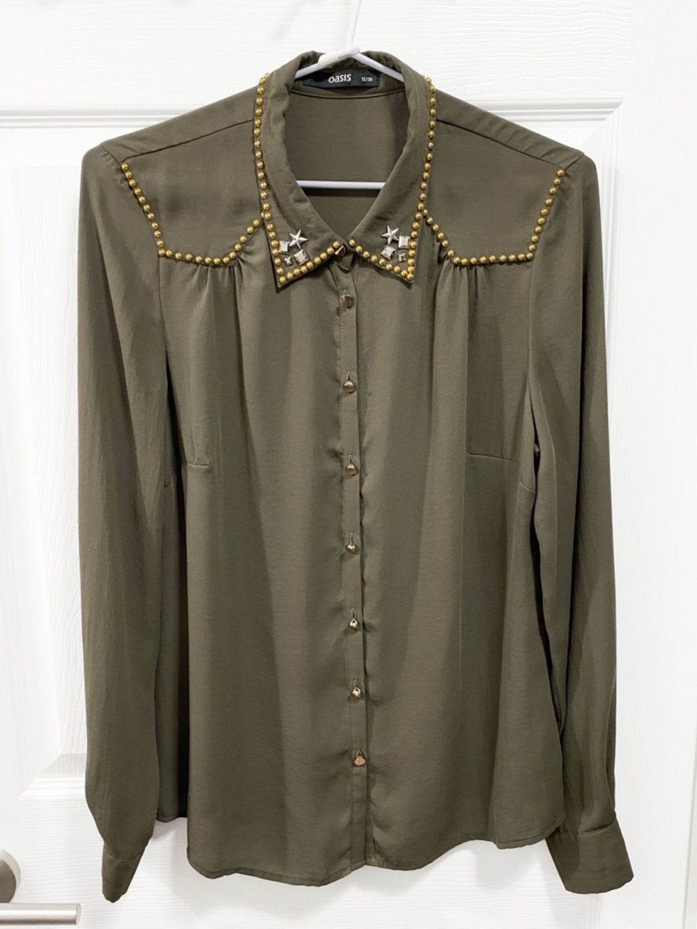 Oasis Olive Green Button-Down Shirt with Gold Studs and Star Collar